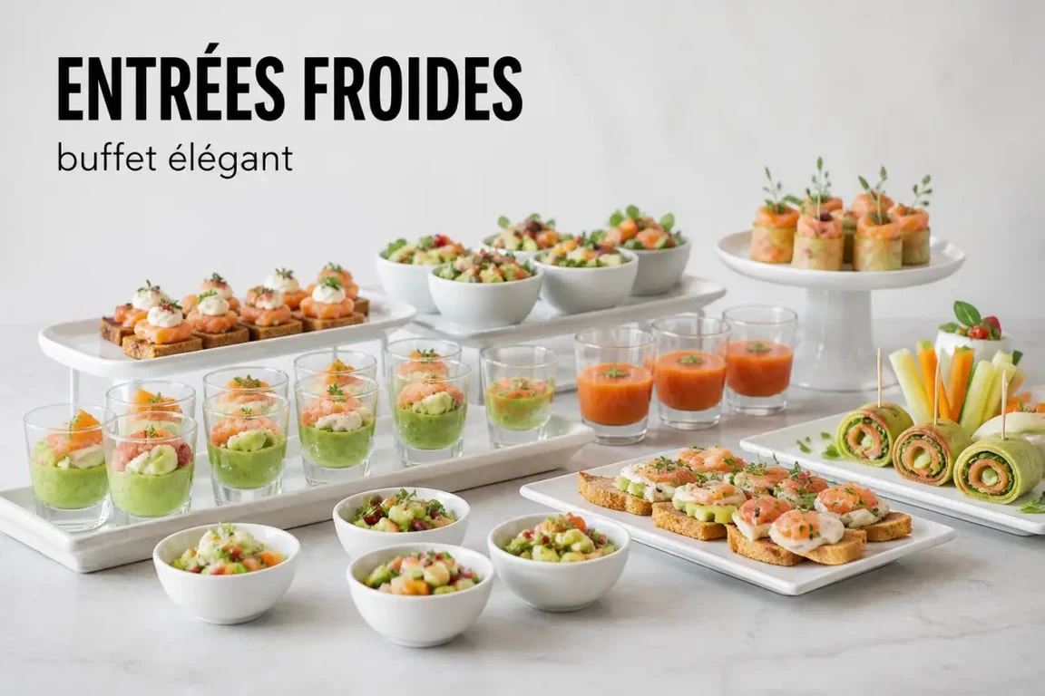 Entrées froides variées dressées sur un buffet élégant avec verrines, gaspacho et mini-toasts
