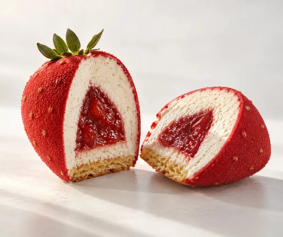 Coupe d’un trompe-l’œil fraise avec insert fruité, mousse vanillée et biscuit