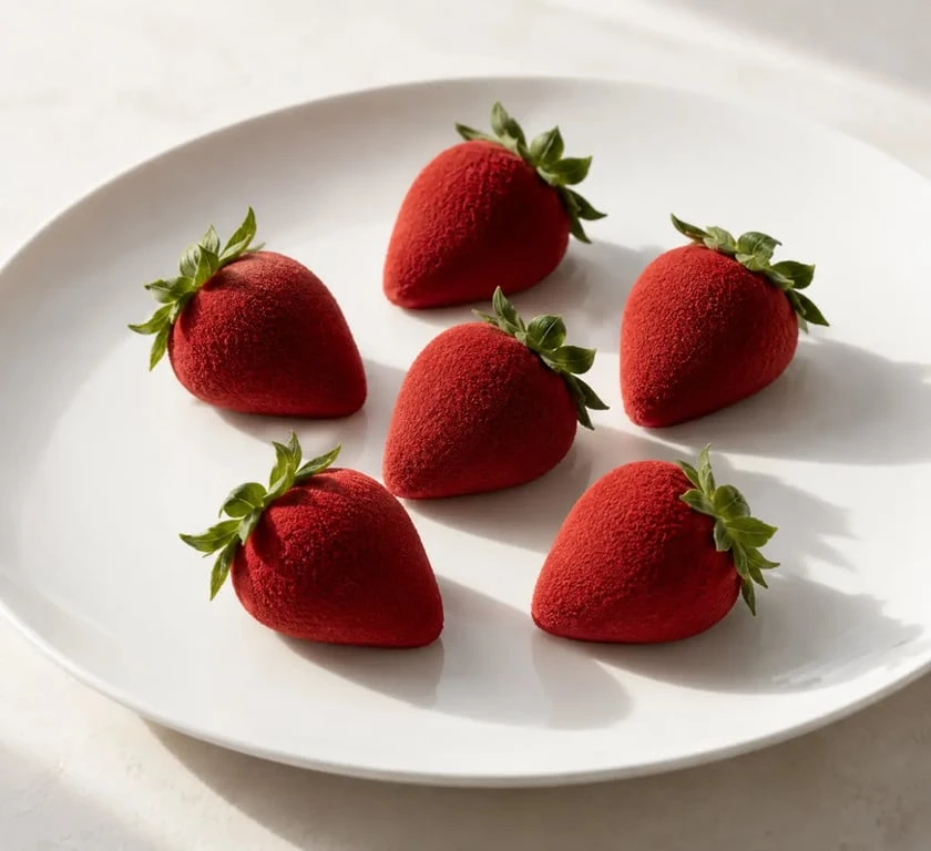 Trompe-l’œil fraise en forme de fruit, finition velours rouge et collerette verte