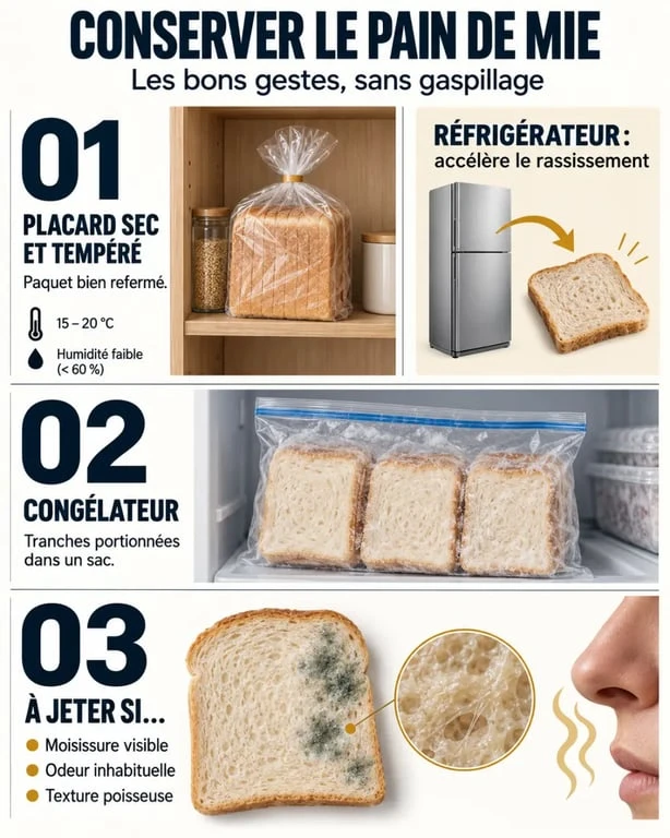 Conservation pain de mie : placard, congélation et signes de moisissure à éviter