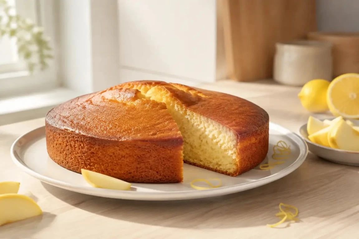 Gâteau avec un œuf au yaourt, doré et moelleux, servi avec des morceaux de pomme