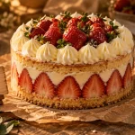 Fraisier sucré aux fraises mûres et crème légère sur parchemin brun
