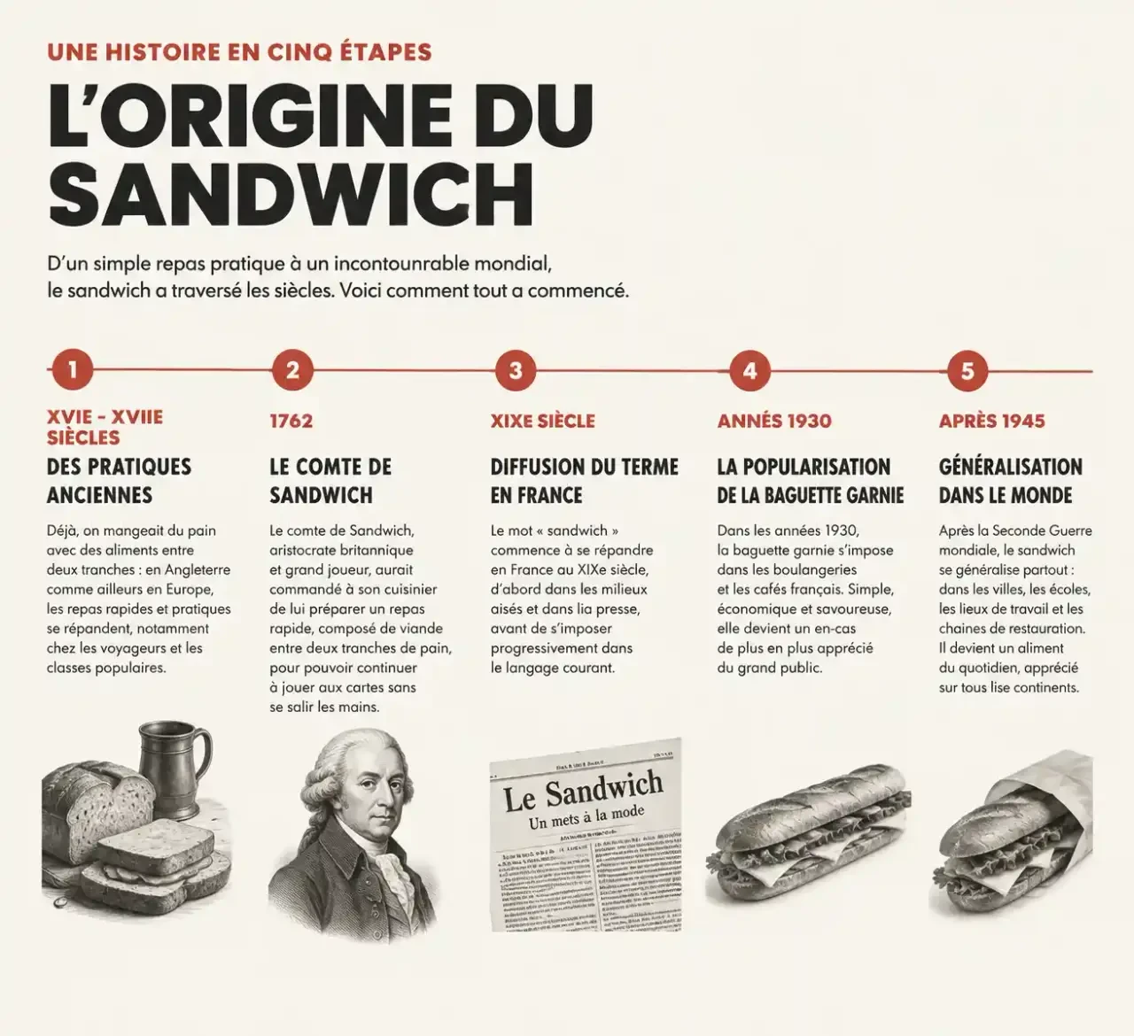 Frise chronologique de l'origine du sandwich, du Moyen Âge au jambon-beurre après 1945