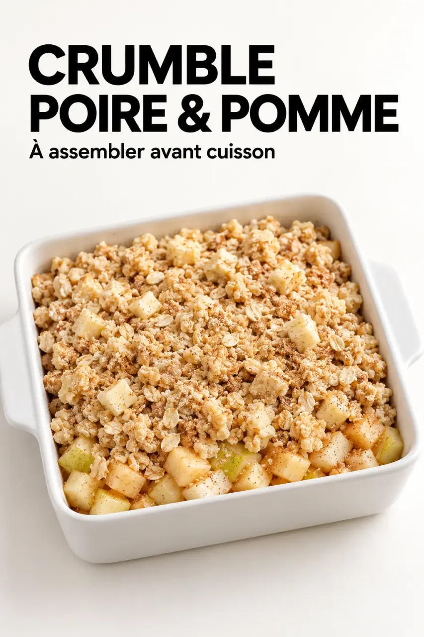 Montage du crumble poire et pomme avec fruits et miettes avant cuisson
