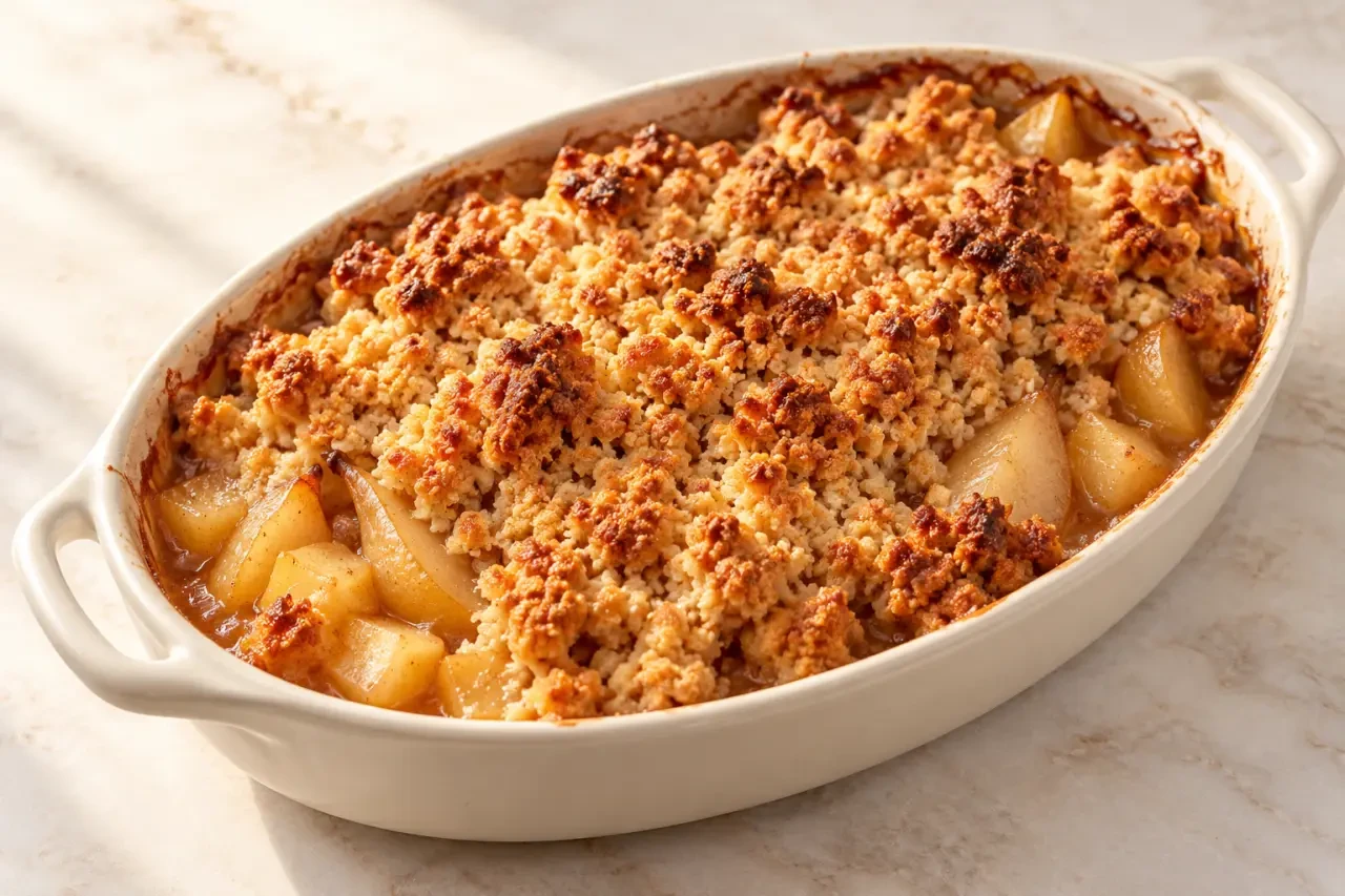 Crumble poire et pomme doré servi tiède dans un plat en céramique