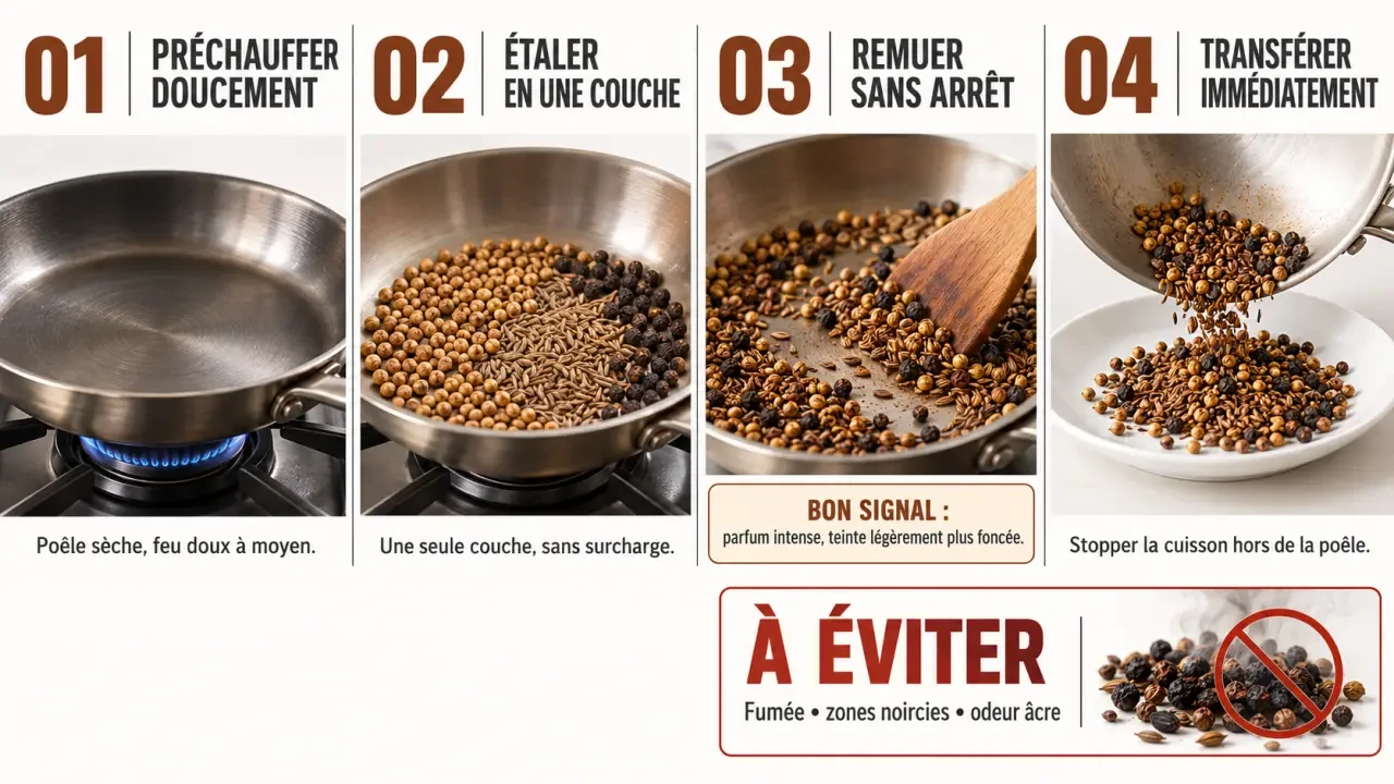 Comment torréfier des épices entières pour libérer les arômes, de la poêle sèche au refroidissement