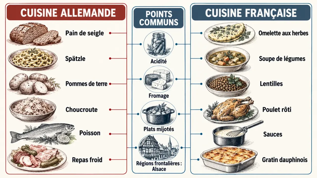 Infographie comparative sur la cuisine allemande ou française et leurs spécialités régionales