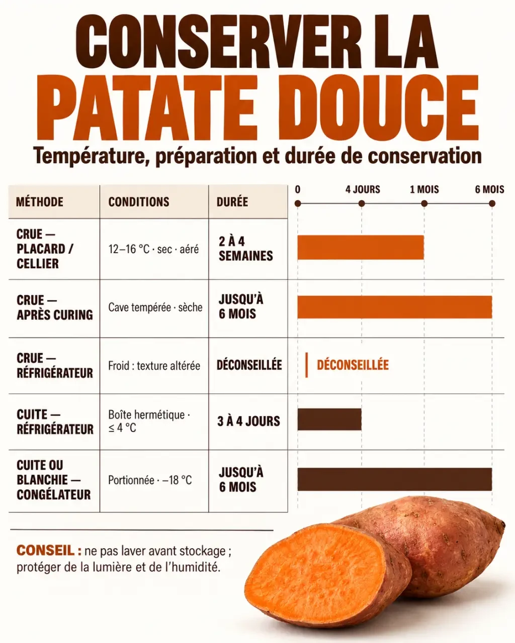 Infographie de la conservation de la patate douce : durées et températures selon la méthode, crue, cuite ou congelée