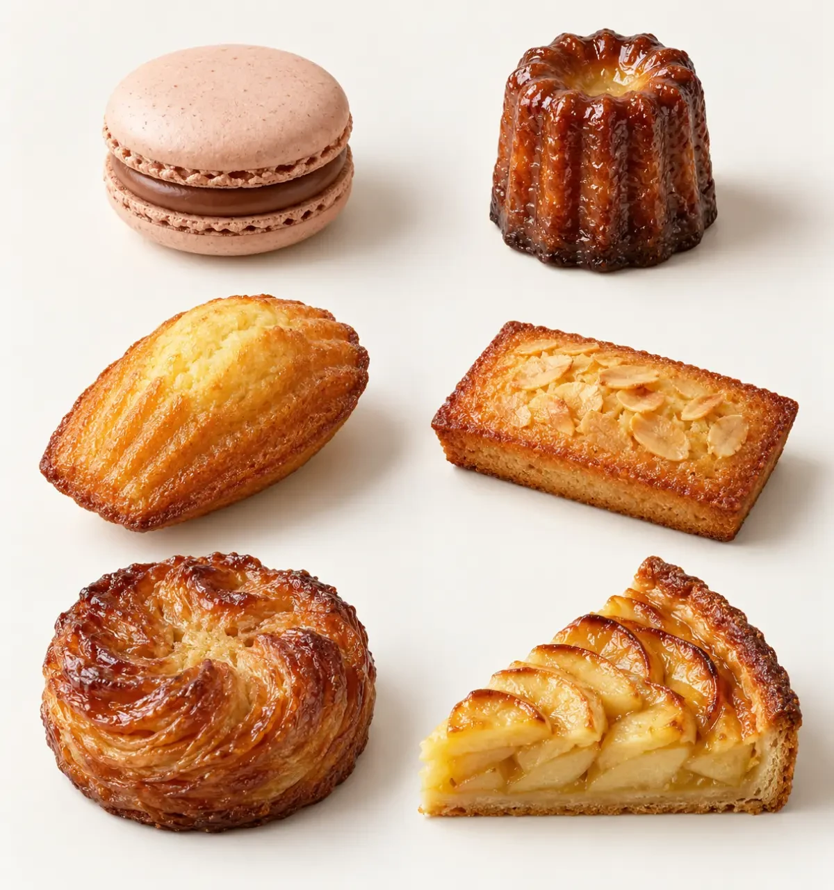 Liste de pâtisseries françaises régionales avec macarons, cannelés, madeleines, financiers et kouign-amann