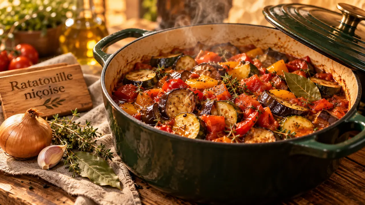 Origine ratatouille : ratatouille niçoise aux légumes fumants dans une cocotte en fonte