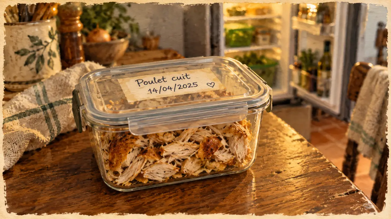 Poulet cuit au frigo : 3 à 4 jours, date sur récipient hermétique