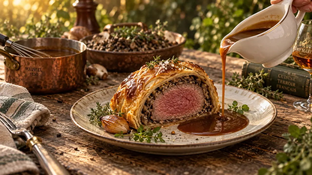 Sauce accompagnement bœuf wellington au cognac à côté de la duxelles